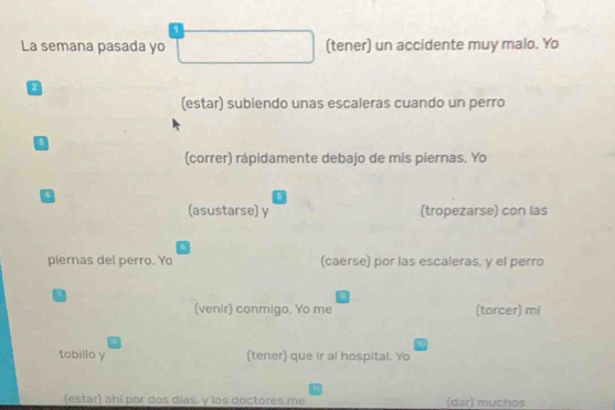 La semana pasada yo (tener) un accidente muy malo. Yo 
a 
(estar) subiendo unas escaleras cuando un perro 
(correr) rápidamente debajo de mis piernas. Yo 
4 
(asustarse) y (tropezarse) con las 
piernas del perro. Yo (caerse) por las escaleras, y el perro 
I 
(venir) conmigo. Yo me (torcer) mi 
tobillo y (tener) que ir al hospital. Yo 
(estar) ahí por dos días. y los doctores me (dar) muchos