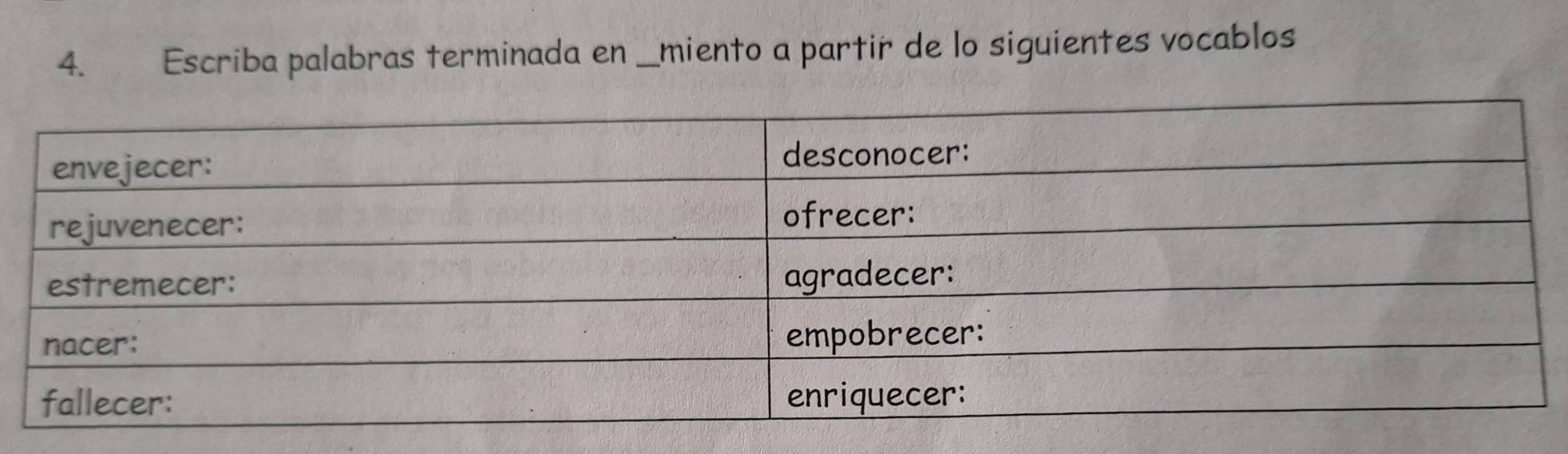 Escriba palabras terminada en _miento a partir de lo siguientes vocablos