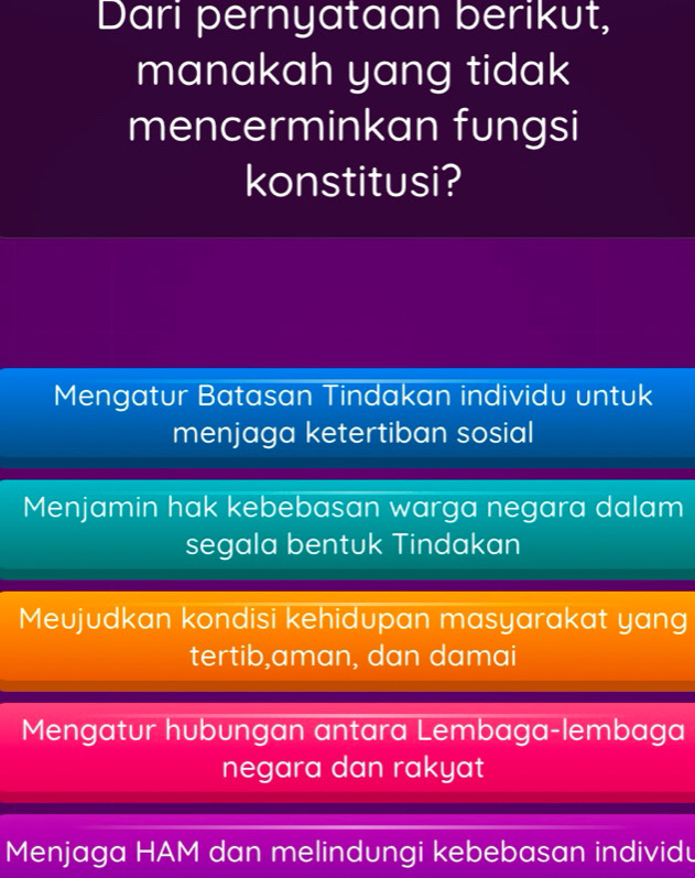 Dari pernyataan berikut,
manakah yang tidak
mencerminkan fungsi
konstitusi?
Mengatur Batasan Tindakan individu untuk
menjaga ketertiban sosial
Menjamin hak kebebasan warga negara dalam
segala bentuk Tindakan
Meujudkan kondisi kehidupan masyarakat yang
tertib,aman, dan damai
Mengatur hubungan antara Lembaga-lembaga
negara dan rakyat
Menjaga HAM dan melindungi kebebasan individu