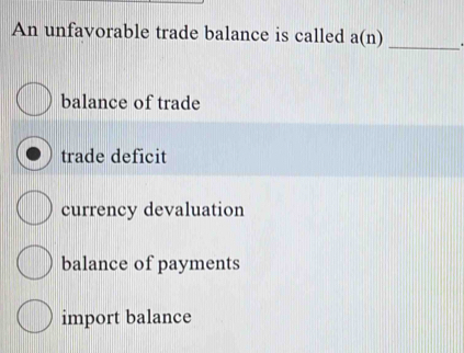 An unfavorable trade balance is called a(n) _
balance of trade
trade deficit
currency devaluation
balance of payments
import balance