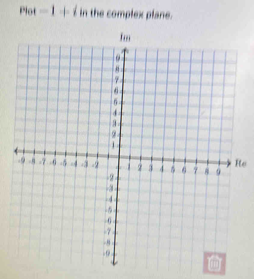 Piot -1+i In the complex plane. 
fm 
o 
B 
。
6
4
1
Re
- 0 = B -7 -6 -5 = 4 = 3 -2 1 2 3 4 B 6 9 8 9
-2
=4
-4
-5
- 6
-7
-8
-9