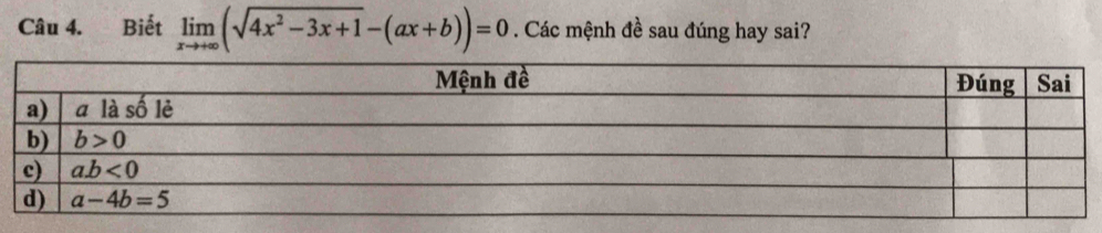 Biết limlimits _xto +∈fty (sqrt(4x^2-3x+1)-(ax+b))=0. Các mệnh đề sau đúng hay sai?