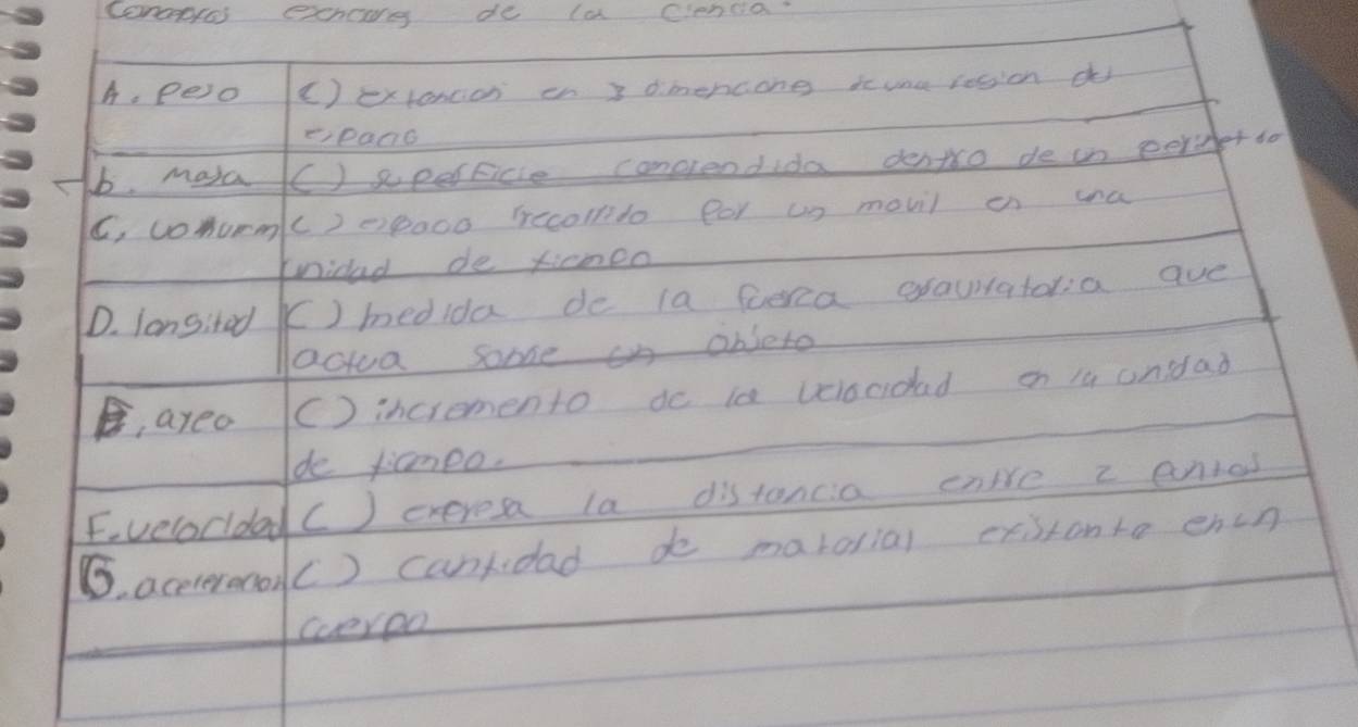 conceoros eancirg de la Cienca 
A. Pe)o () extoncor en 3 dimencong iune rosion d 
e,pand 
b Maa () eperficie congrendida dento de in eercher to 
C, comorm () opaoo rrecodo Bar us movil o ca 
knidad de ximoo 
D. longitod () bedida de la fera gxauiatoria ave 
actua somme in objeto 
ayeo () incremento do is veiocidad on l9 onddad 
de fameo. 
F.velocidad C) cxeresa la distancia cnire z entod 
B. acetereoon() cantidad de marolial cxistonto encn 
cveroo