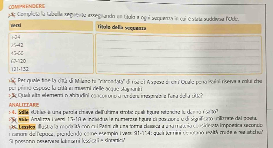 COMPRENDERE 
Completa la tabella seguente assegnando un titolo a ogni sequenza in cui è stata suddivisa l'Ode. 
Versi 
Títolo della sequenza 
_ 
__
1-24
_
25 - 42
_
43 - 66
_
67 - 120
_
121 - 132
Per quale fine la città di Milano fu "circondata" di risaie? A spese di chi? Quale pena Parini riserva a colui che 
per primo espose la città ai miasmi delle acque stagnanti? 
> Quali altri elementi o abitudini concorrono a rendere irrespirabile l'aria della città? 
ANALIZZARE 
>4. Stile «Utile» è una parola chiave dell'ultima strofa: quali figure retoriche le danno risalto? 
Stile Analizza i versi 13-18 e individua le numerose figure di posizione e di significato utilizzate dal poeta. 
o. Lessico Illustra la modalità con cui Parini dà una forma classica a una materia considerata impoetica secondo 
i canoni dell'epoca, prendendo come esempio i versi 91 - 114 : quali termini denotano realtà crude e realistiche? 
Si possono osservare latinismi lessicali e sintattici?