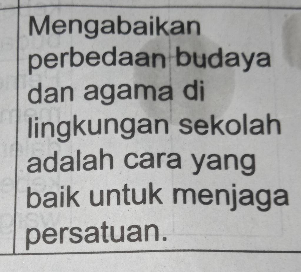 Mengabaikan 
perbedaan budaya 
dan agama di 
lingkungan sekolah 
adalah cara yang 
baik untuk menjaga 
persatuan.