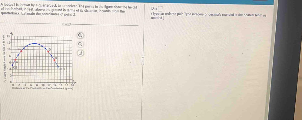 A football is thrown by a quarterback to a receiver. The points in the figure show the height Dapprox □
of the football, in feet, above the ground in terms of its distance, in yards, from the 
quarterback. Estimate the coordinates of point D. needed.) (Type an ordered pair. Type integers or decimals rounded to the nearest tenth as