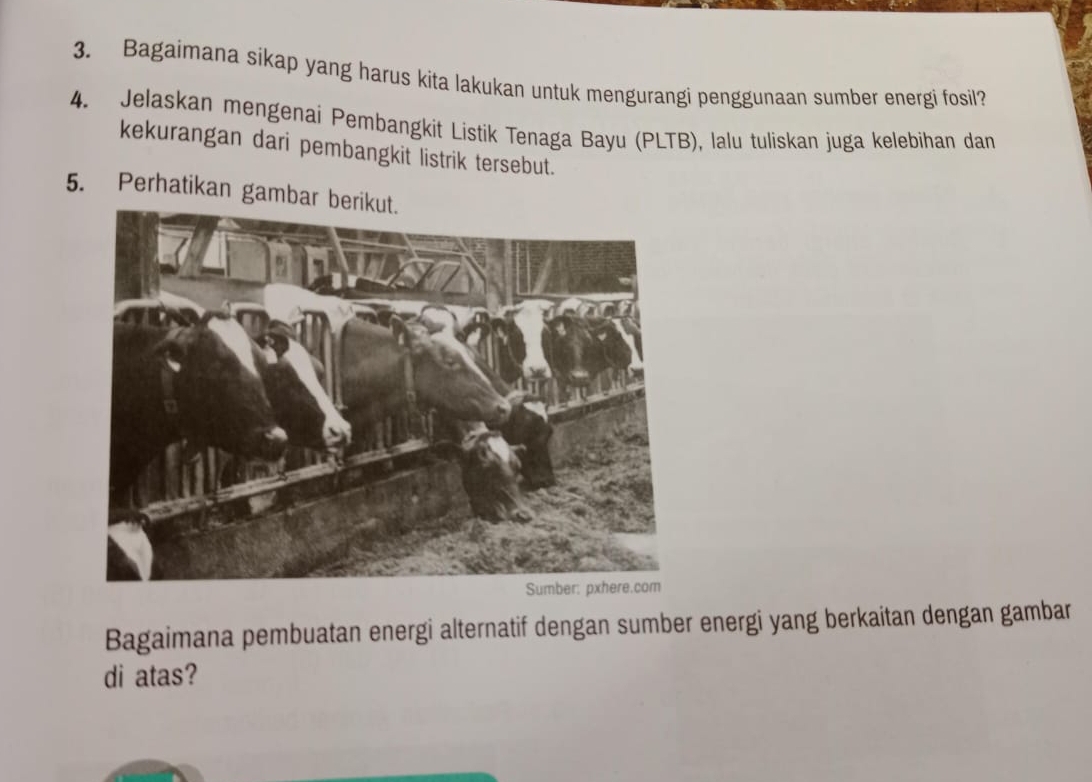 Bagaimana sikap yang harus kita lakukan untuk mengurangi penggunaan sumber energi fosil? 
4. Jelaskan mengenai Pembangkit Listik Tenaga Bayu (PLTB), lalu tuliskan juga kelebihan dan 
kekurangan dari pembangkit listrik tersebut. 
5. Perhatikan gambar b 
Bagaimana pembuatan energi alternatif dengan sumber energi yang berkaitan dengan gambar 
di atas?