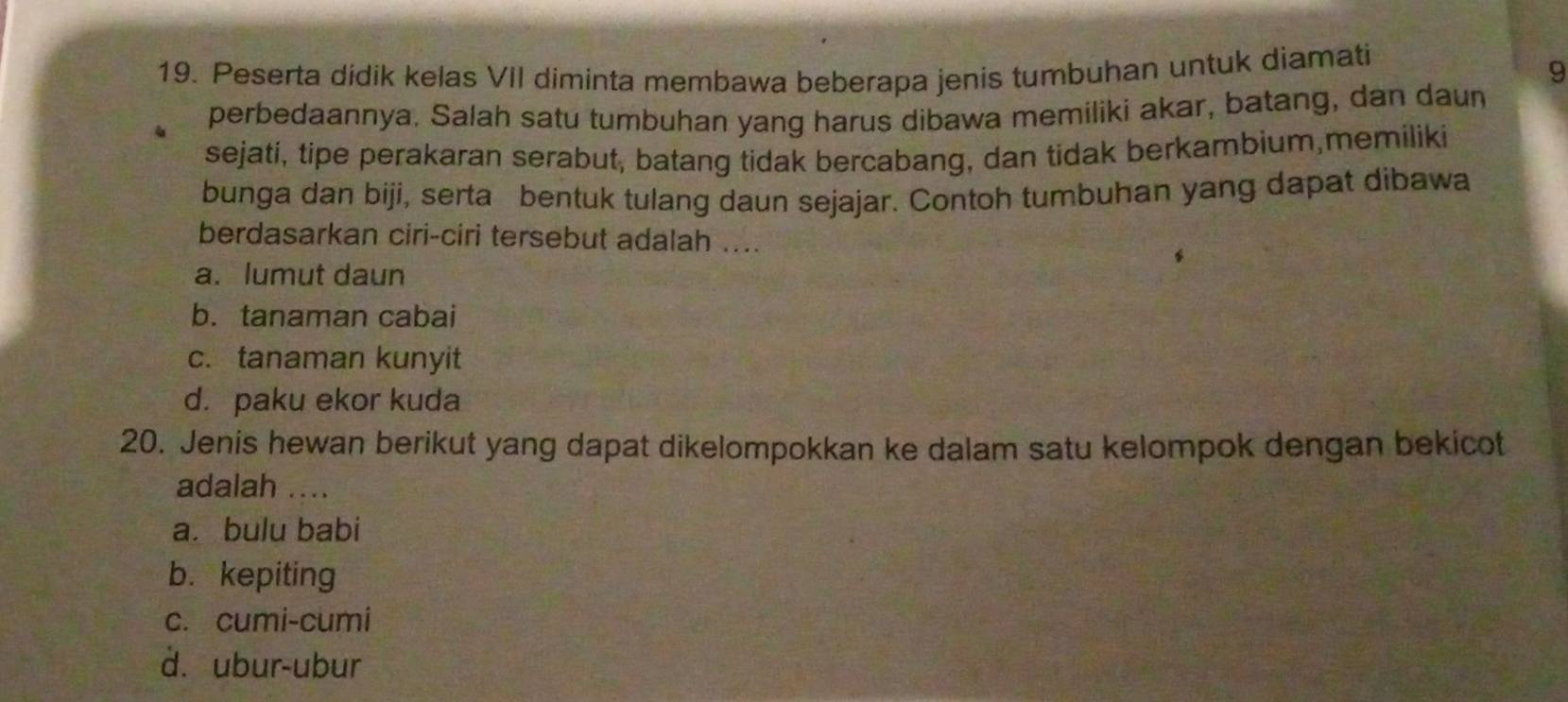 Peserta didik kelas VII diminta membawa beberapa jenis tumbuhan untuk diamati
9
perbedaannya. Salah satu tumbuhan yang harus dibawa memiliki akar, batang, dan daun
sejati, tipe perakaran serabut, batang tidak bercabang, dan tidak berkambium,memiliki
bunga dan biji, serta bentuk tulang daun sejajar. Contoh tumbuhan yang dapat dibawa
berdasarkan ciri-ciri tersebut adalah ....
a. lumut daun
b. tanaman cabai
c. tanaman kunyit
d. paku ekor kuda
20. Jenis hewan berikut yang dapat dikelompokkan ke dalam satu kelompok dengan bekicot
adalah ....
a. bulu babi
b. kepiting
c. cumi-cumi
d. ubur-ubur