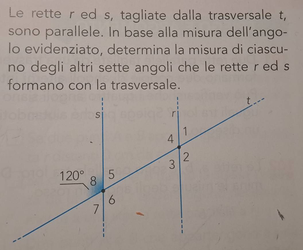 Le rette r ed s, tagliate dalla trasversale t,
sono parallele. In base alla misura dell’ango-
lo evidenziato, determina la misura di ciascu-
no degli altri sette angoli che le rette r ed s
formano con la trasversale.