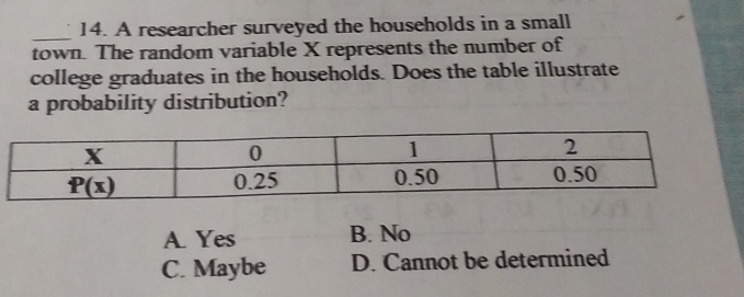 A researcher surveyed the households in a small
town. The random variable X represents the number of
college graduates in the households. Does the table illustrate
a probability distribution?
A Yes B. No
C. Maybe D. Cannot be determined