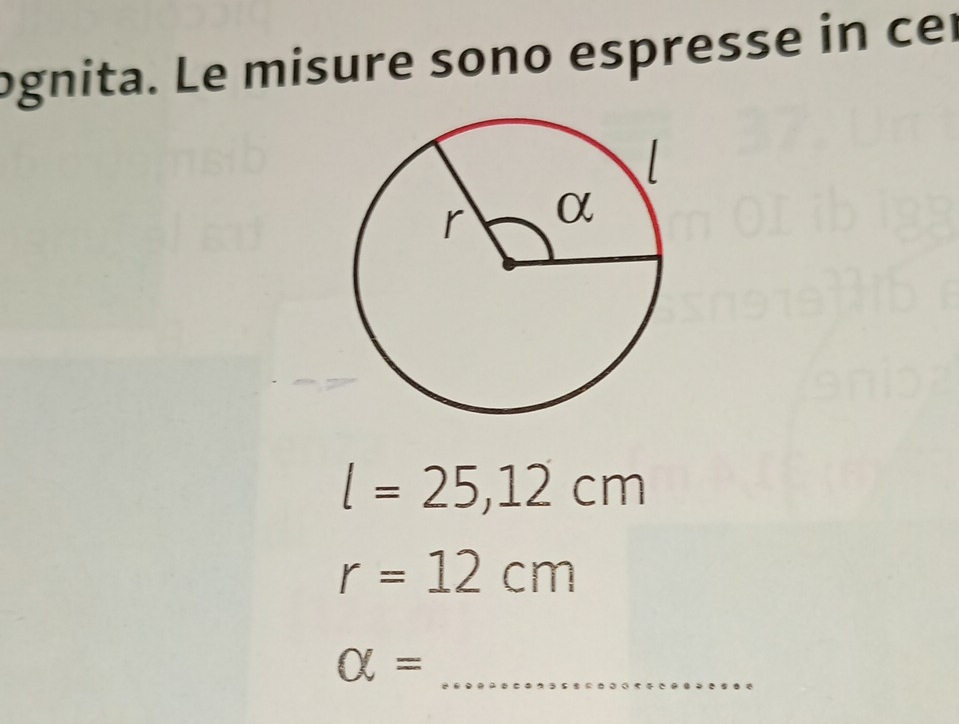 ognita. Le misure sono espresse in cer
l=25,12cm
r=12cm
alpha = _