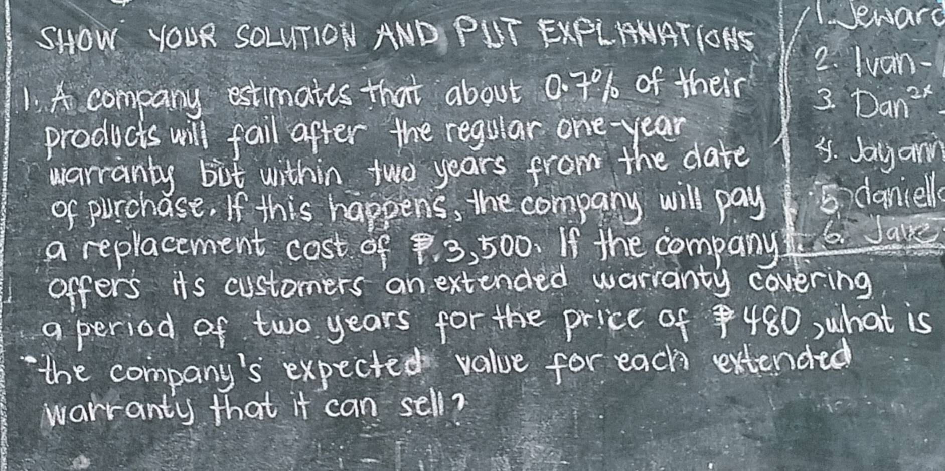 Jeware 
SHOW YOUR SOLUTION AND PUT EXPLHNATIONS 
2. Iuan- 
1. A. company estimates that about 0. 7% of their 
3. Dan' 
products will fail after the regular one-year
warranty but within two years from the date 
3. Jayann 
of purchase. If this happens, the company will pay 5 dancelle 
a replacement cost of 9. 3, 500. If the company 6. Jake 
offers its customers an extended warranty covering 
a period of two years for the price of 480, what is 
the company's expected value for each extended 
warranty that it can sell?