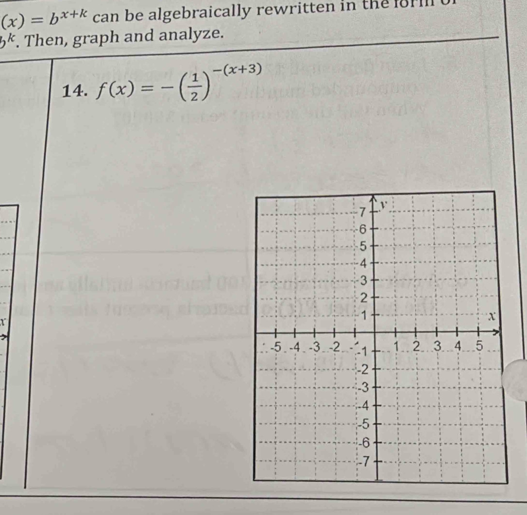 (x)=b^(x+k) can be algebraically rewritten in the forll
3^k. Then, graph and analyze. 
14. f(x)=-( 1/2 )^-(x+3)
r