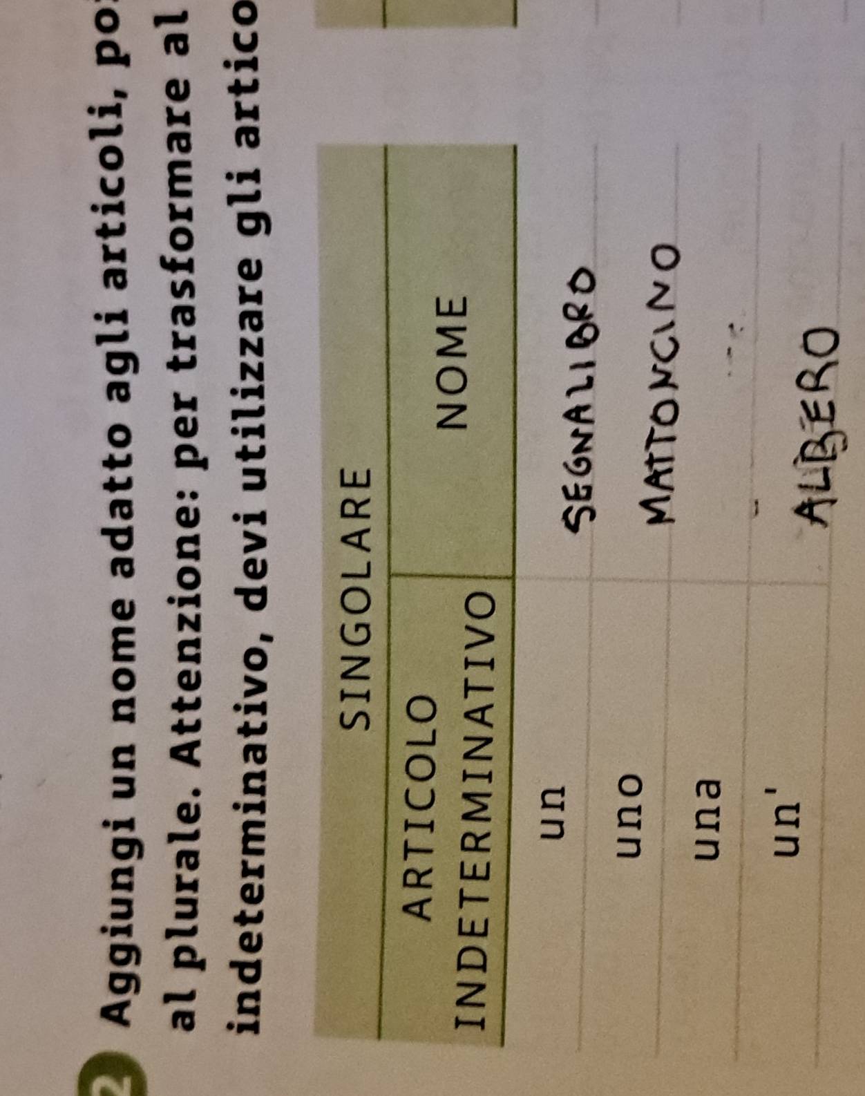 Aggiungi un nome adatto agli articoli, po 
al plurale. Attenzione: per trasformare al 
indeterminativo, devi utilizzare gli artico