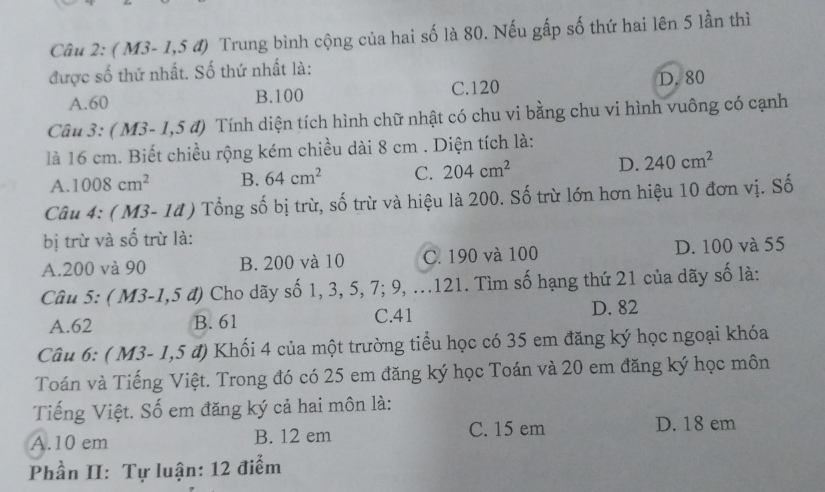 ( M3- 1,5 đ) Trung bình cộng của hai số là 80. Nếu gấp số thứ hai lên 5 lần thì
được số thứ nhất. Số thứ nhất là:
A. 60 B. 100 C. 120 D. 80
Câu 3: (M. 8- 1,5 đ) Tính diện tích hình chữ nhật có chu vi bằng chu vi hình vuông có cạnh
là 16 cm. Biết chiều rộng kém chiều dài 8 cm. Diện tích là:
A. 1008cm^2 B. 64cm^2 C. 204cm^2
D. 240cm^2
Câu 4: ( M3- 1đ ) Tổng số bị trừ, số trừ và hiệu là 200. Số trừ lớn hơn hiệu 10 đơn vị. Số
bị trừ và số trừ là:
A. 200 và 90 B. 200 và 10 C. 190 và 100 D. 100 và 55
Câu 5: ( A M3-1,5 đ) Cho dãy số 1, 3, 5, 7; 9, ...121. Tìm số hạng thứ 21 của dãy số là:
A. 62 B. 61 C. 41 D. 82
Câu 6: ( M3- 1,5 đ) Khối 4 của một trường tiểu học có 35 em đăng ký học ngoại khóa
Toán và Tiếng Việt. Trong đó có 25 em đăng ký học Toán và 20 em đăng ký học môn
Tiếng Việt. Số em đăng ký cả hai môn là:
A. 10 em B. 12 em C. 15 em D. 18 em
Phần II: Tự luận: 12 điểm