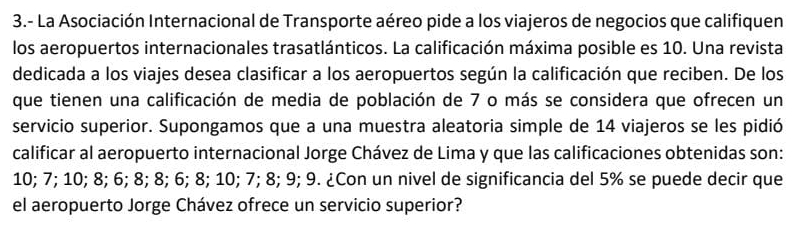 3.- La Asociación Internacional de Transporte aéreo pide a los viajeros de negocios que califiquen 
los aeropuertos internacionales trasatlánticos. La calificación máxima posible es 10. Una revista 
dedicada a los viajes desea clasificar a los aeropuertos según la calificación que reciben. De los 
que tienen una calificación de media de población de 7 o más se considera que ofrecen un 
servicio superior. Supongamos que a una muestra aleatoria simple de 14 viajeros se les pidió 
calificar al aeropuerto internacional Jorge Chávez de Lima y que las calificaciones obtenidas son:
10; 7; 10; 8; 6; 8; 8; 6; 8; 10; 7; 8; 9; 9. ¿Con un nivel de significancia del 5% se puede decir que 
el aeropuerto Jorge Chávez ofrece un servicio superior?