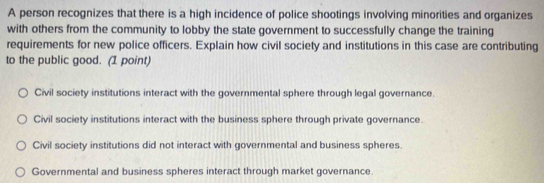 A person recognizes that there is a high incidence of police shootings involving minorities and organizes
with others from the community to lobby the state government to successfully change the training
requirements for new police officers. Explain how civil society and institutions in this case are contributing
to the public good. (1 point)
Civil society institutions interact with the governmental sphere through legal governance.
Civil society institutions interact with the business sphere through private governance.
Civil society institutions did not interact with governmental and business spheres.
Governmental and business spheres interact through market governance.