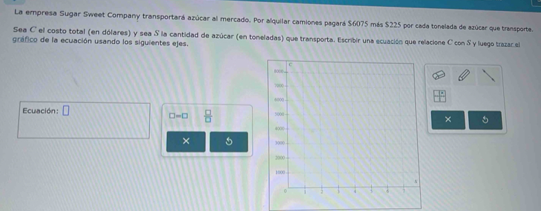 La empresa Sugar Sweet Company transportará azúcar al mercado. Por alquilar camiones pagará $6075 más $225 por cada tonelada de azúcar que transporte. 
Sea C el costo total (en dólares) y sea S la cantidad de azúcar (en toneladas) que transporta. Escribir una ecuación que relacione C con S y luego trazar el 
gráfico de la ecuación usando los siguientes ejes.
frac 1
Ecuación: □
□ =□  □ /□  
× 
×