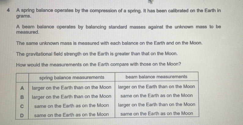 A spring balance operates by the compression of a spring. It has been calibrated on the Earth in
grams. 
A beam balance operates by balancing standard masses against the unknown mass to be 
measured. 
The same unknown mass is measured with each balance on the Earth and on the Moon. 
The gravitational field strength on the Earth is greater than that on the Moon. 
How would the measurements on the Earth compare with those on the Moon?