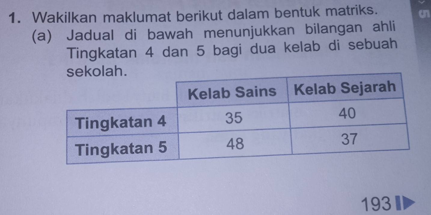 Wakilkan maklumat berikut dalam bentuk matriks. 
on 
(a) Jadual di bawah menunjukkan bilangan ahli 
Tingkatan 4 dan 5 bagi dua kelab di sebuah
193