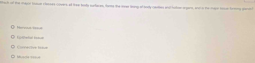 Which of the major tissue classes covers all free body surfaces, forms the inner lining of body cavities and hollow organs, and is the major tissue forming glands?
Nervous tissue
Epithelial tissue
Connective tissue
Muscle tissue