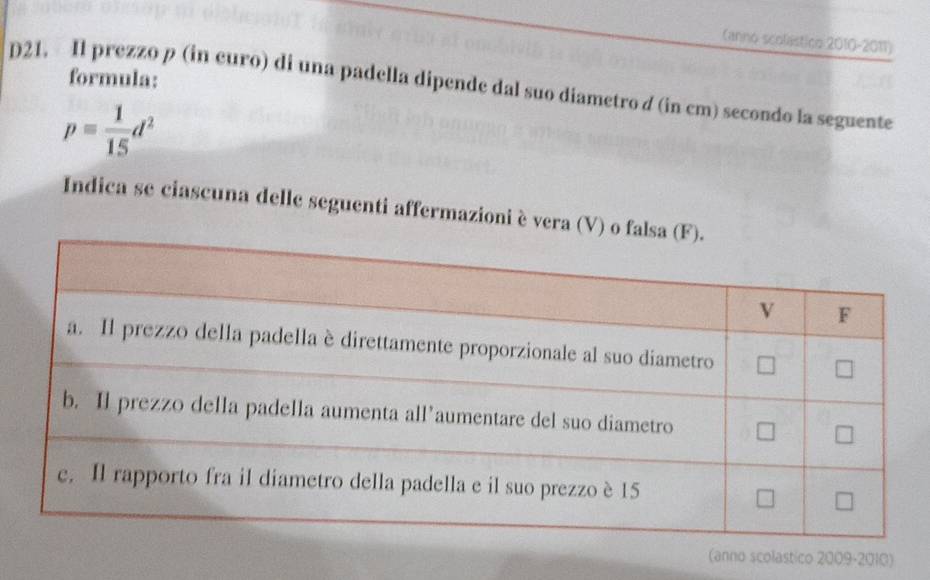 (anno scolástico 2010-2011) 
formula:
D21. Il prezzo p (in euro) di una padella dipende dal suo diametro d (in cm) secondo la seguente
p= 1/15 d^2
Indica se ciascuna delle seguenti affermazioni è vera (V) 
(anno scolastico 2009-2010)