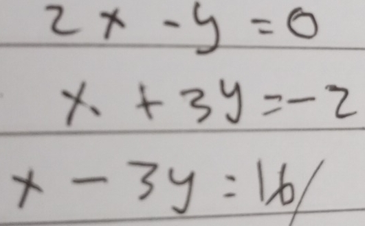 2x-y=0
x+3y=-2
x-3y=16/