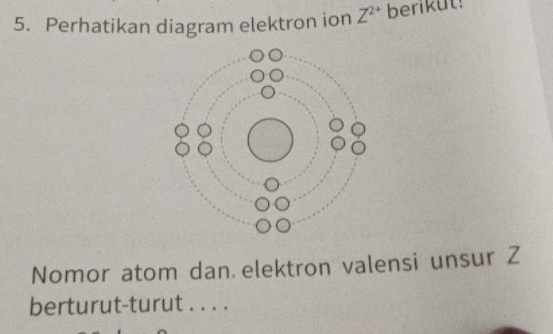 Perhatikan diagram elektron ion Z^(2+) berikut! 
Nomor atom dan elektron valensi unsur Z
berturut-turut . . . .