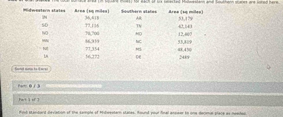 me total surface area (in square miles) for each of six selected Midwestern and Southern states are listed here. 
Send deta to Excel 
Part: 0 / 3 
Part 1 of 3 
Find standard deviation of the sample of Midwestern states. Round your final answer to one decimal place as needed