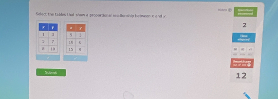 Video Questioes 
Select the tables that show a proportional relationship between x and y. Is ered
2
Filse 


elapsed 

∞ 41 
out of 100 0 SmartScore 
Subrnit
12