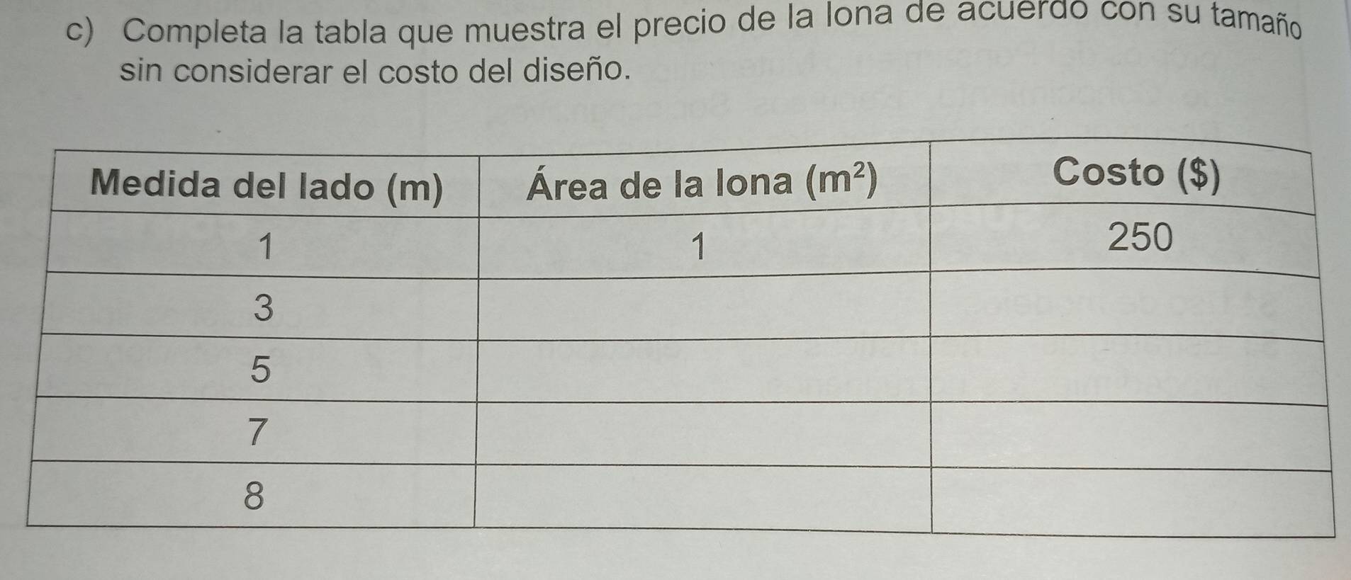 Completa la tabla que muestra el precio de la lona de acuerdo con su tamaño
sin considerar el costo del diseño.