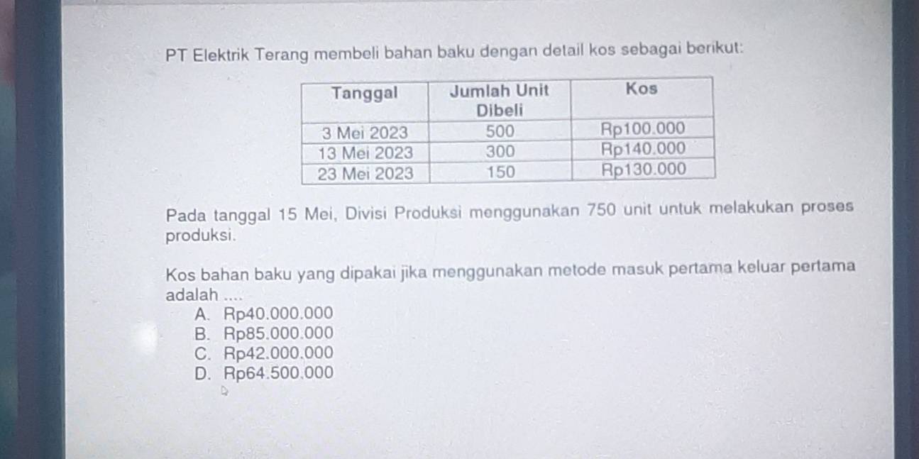 PT Elektrik Terang membeli bahan baku dengan detail kos sebagai berikut:
Pada tanggal 15 Mei, Divisi Produksi menggunakan 750 unit untuk melakukan proses
produksi.
Kos bahan baku yang dipakai jika menggunakan metode masuk pertama keluar pertama
adalah ....
A. Rp40.000.000
B. Rp85.000.000
C. Rp42.000.000
D. Rp64.500.000