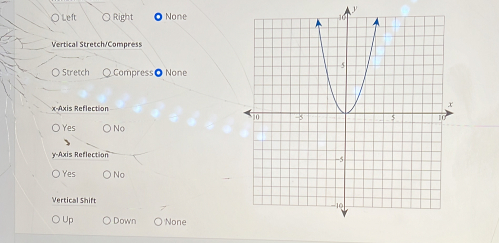 y
Left Right None
Vertical Stretch/Compress
Stretch Compress● None
x-Axis Reflection
Yes No
y-Axis Reflection
Yes No
Vertical Shift
Up Down None