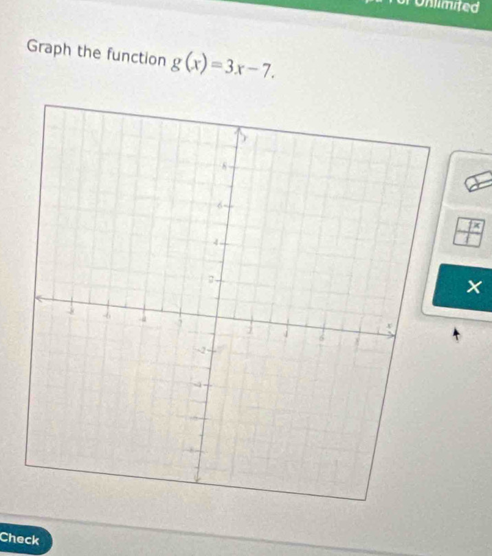 Tonimited 
Graph the function g(x)=3x-7.
 p/1 
Check