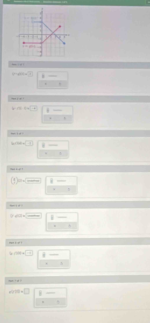 Aws  of )
(r-x)(1)=2 8
hart i of
(y-f)(-1)=-4 B
X
(c-f)(4)=-2 □
w 5
( g/f )(2)= B
x
Part 5  o
(f-g)(2)= □
5
Part i of ?
f)(0)=-1 B
χ D
Pet 7 of 7
g(f(5))=□
x