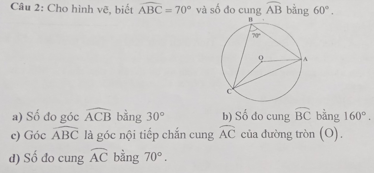 Cho hình vẽ, biết widehat ABC=70° và Swidehat O đo cung widehat AB bǎng 60°.
a) Số đo góc widehat ACB bằng 30° b) Số đo cung widehat BC bằng 160°.
c) Góc widehat ABC là góc nội tiếp chắn cung widehat AC của đường tròn (O).
d) Số đo cung widehat AC bằng 70°.