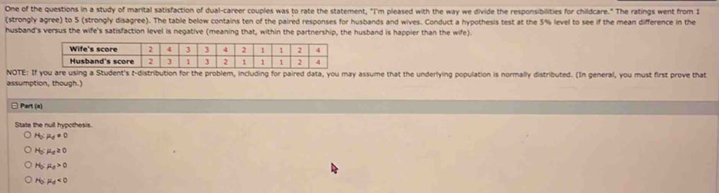 One of the questions in a study of marital satisfaction of dual-career couples was to rate the statement, "I'm pleased with the way we divide the responsibilities for childcare." The ratings went from 1
(strongly agree) to 5 (strongly disagree). The table below contains ten of the paired responses for husbands and wives. Conduct a hypothesis test at the 5% level to see if the mean difference in the
husband's versus the wife's satisfaction level is negative (meaning that, within the partnership, the husband is happier than the wife).
NOTE: If you are using a Student's t-distribution for the problem, including for paired data, you may assume that the underlying population is normally distributed. (In general, you must first prove that
assumption, though.)
□ Part (a)
State the null hypothesis.
H_0:mu _d!= 0
H_0:mu _0≥ 0
H_0:mu _0>0
H_0:mu _0<0</tex>