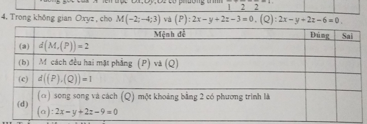 trục Đx;Oy;O2có phường trìh frac 1+frac 2-frac 2=1.
4. Trong không gian Oxyz , cho M(-2;-4;3) và (P):2x-y+2z-3=0,(Q):2x-y+2z-6=0.