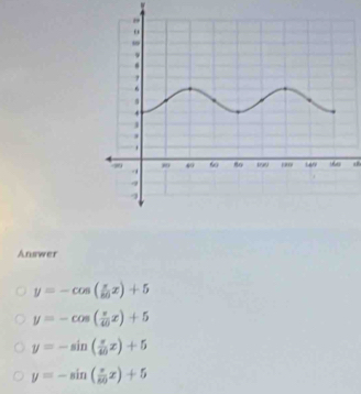 a
Answer
y=-cos ( π /80 x)+5
y=-cos ( π /40 x)+5
y=-sin ( π /40 x)+5
y=-sin ( π /60 x)+5