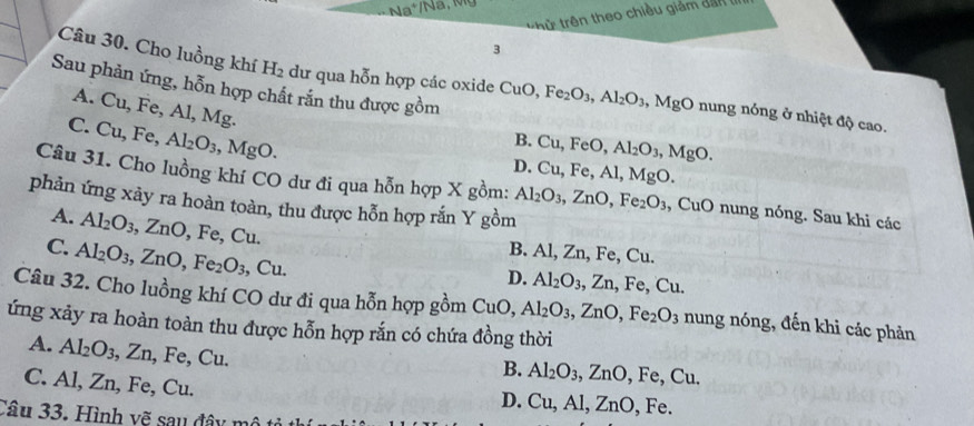 Na*/Na, Mỹ
thừ trên theo chiều giảm đar lị
3
Câu 30. Cho luồng khí H_2 dư qua hỗn hợp các oxide CuO, Fe_2O_3, Al_2O_3 MgO 0 nung nóng ở nhiệt độ cao.
Sau phản ứng, hỗn hợp chất rắn thu được ghat On
A. Cu, Fe, Al, Mg. D. Cu, Fe, Al, MgO
C. Cu, Fe, Al_2O_3, MgO.
B. Cu, FeO, Al_2O_3, MgO. 
Câu 31. Cho luồng khí CO dư đi qua hỗn hợp X gồm: Al_2O_3, ZnO, Fe_2O_3, CuO nung nóng. Sau khi các
phản ứng xày ra hoàn toàn, thu được hỗn hợp rắn Y gồm
A. Al_2O_3, ZnO, Fe, Cu
C. Al_2O_3, ZnO, Fe_2O_3, Cu. B. Al, Zn, Fe, Cu.
D. Al_2O_3, Zn, Fe, Cu
Câu 32. Cho luồng khí CO dư đi qua hỗn hợp gồm CuO, Al_2O_3, ZnO, Fe_2O_3 nung nóng, đến khi các phản
ứng xảy ra hoàn toàn thu được hỗn hợp rắn có chứa đồng thời
A. Al_2O_3, Zn, Fe, Cu.
B. Al_2O_3, ZnO, Fe, Cu.
C. Al, Zn, Fe, Cu
D. Cu, Al, ZnO , Fe.
Câu 33. Hình vẽ sau đây mô