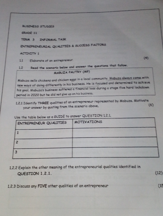 BUSINESS STUDIES 
GRADE 11 
TERM 3 INFORMAL TASK 
ENTREPRENEURIAL QUALITIES & SUCCESS FACTORS 
ACTIVITY 1 
1.1 Eaborate of an entrépreneu'. (4) 
12 "Read the scenario below and answer the questions that follow. 
MABUZA PAUTRY (MP) 
Mabuza sells chickens and chicken eggs in a local community. Mabuza always come with 
new ways of doing differently in his business. He is focused and determined to achieve 
his goal, Mabuza's business suffered a financial loss during a stage five hard lockdown 
period in 2020 but he did not give up on his business. 
1.2.1 Identify THREE qualities of an entrepreneur represented by Mabuza. Motivate 
your answer by quoting from the scenario above. (6) 
12. 
1.2.2 Explain the other meaning of the entrepreneurial qualities identified in 
QUESTION 1.2.1. (12) 
1.2.3 Discuss any FIVE other qualities of an entrepreneur (15