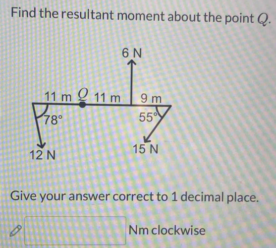 Find the resultant moment about the point Q.
Give your answer correct to 1 decimal place.
□ Nm clockwise