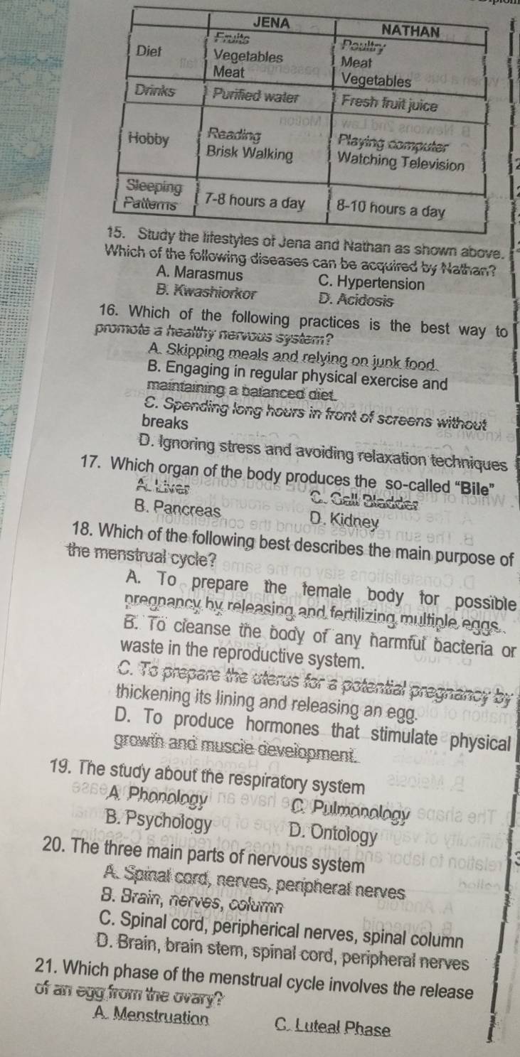 llowing diseases can be acquired by Nathan?
A. Marasmus C. Hypertension
B. Kwashiorkor D. Acidosis
16. Which of the following practices is the best way to
promote a healthy nervous system?
A. Skipping meals and relying on junk food.
B. Engaging in regular physical exercise and
maintaining a balanced diet.
C. Spending long hours in front of screens without
breaks
D. Ignoring stress and avoiding relaxation techniques
17. Which organ of the body produces the so-called “Bile”
A. Liver C. Gall Bladder
B. Pancreas D. Kidney
18. Which of the following best describes the main purpose of
the menstrual cycle?
A. To prepare the female body for possible
pregnancy by releasing and fertilizing multiple eggs .
B. To cleanse the body of any harmful bacteria or
waste in the reproductive system.
C. To prepare the uterus for a potential pregnancy by
thickening its lining and releasing an egg.
D. To produce hormones that stimulate physical
growtn and muscie development.
19. The study about the respiratory system
easeA Phanology C Pulmanalogy
B. Psychology D. Ontology
20. The three main parts of nervous system
A. Spinal cord, nerves, peripheral nerves
B. Brain, nerves, column
C. Spinal cord, peripherical nerves, spinal column
D. Brain, brain stem, spinal cord, peripheral nerves
21. Which phase of the menstrual cycle involves the release
of an egg from the ovary?
A. Menstruation C. Luteal Phase