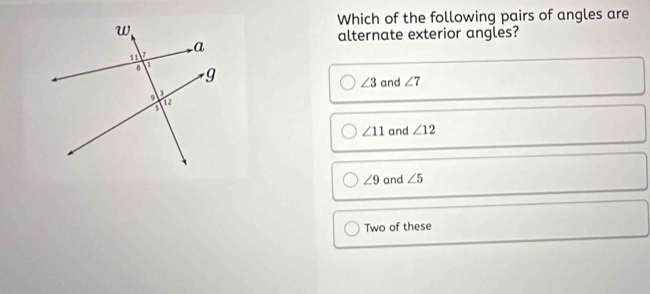 Which of the following pairs of angles are
alternate exterior angles?
∠ 3 and ∠ 7
∠ 11 and ∠ 12
∠ 9 and ∠ 5
Two of these