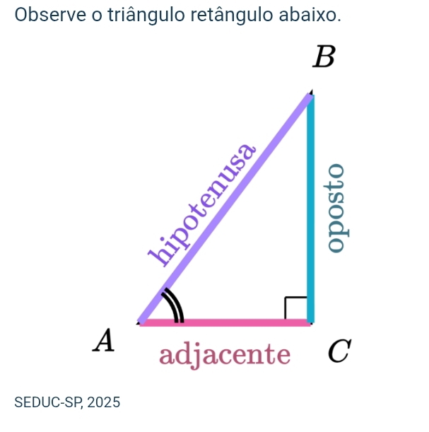 Observe o triângulo retângulo abaixo. 
SEDUC-SP, 2025