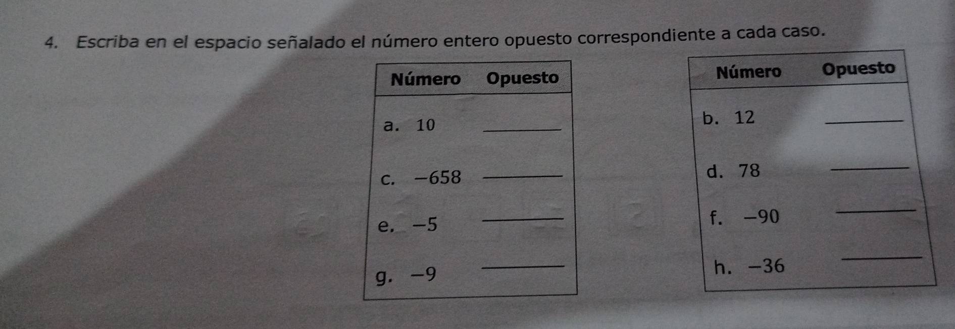 Escriba en el espacio señalado el número entero opuesto correspondiente a cada caso.