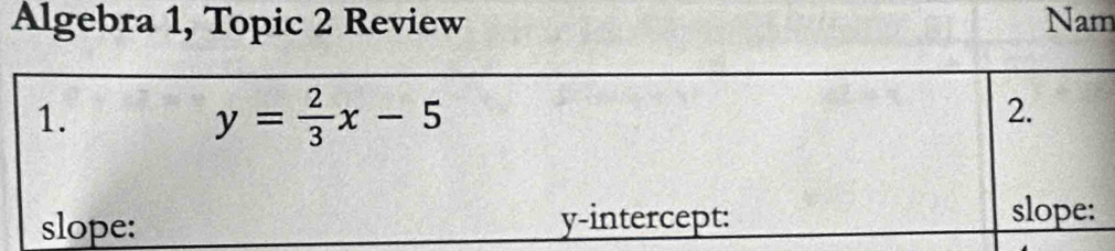 Algebra 1, Topic 2 Review Nam