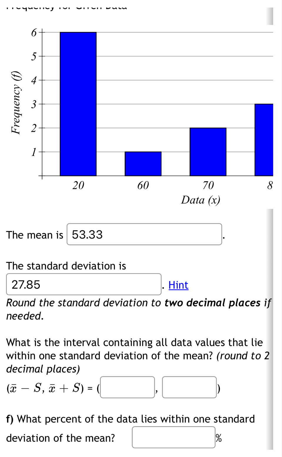 The mean is 53.33
The standard deviation is
27.85. Hint 
□  
Round the standard deviation to two decimal places if 
needed. 
What is the interval containing all data values that lie 
within one standard deviation of the mean? (round to 2
decimal places)
(overline x-S,overline x+S)=(□ ,□ )
f) What percent of the data lies within one standard 
deviation of the mean? □ %