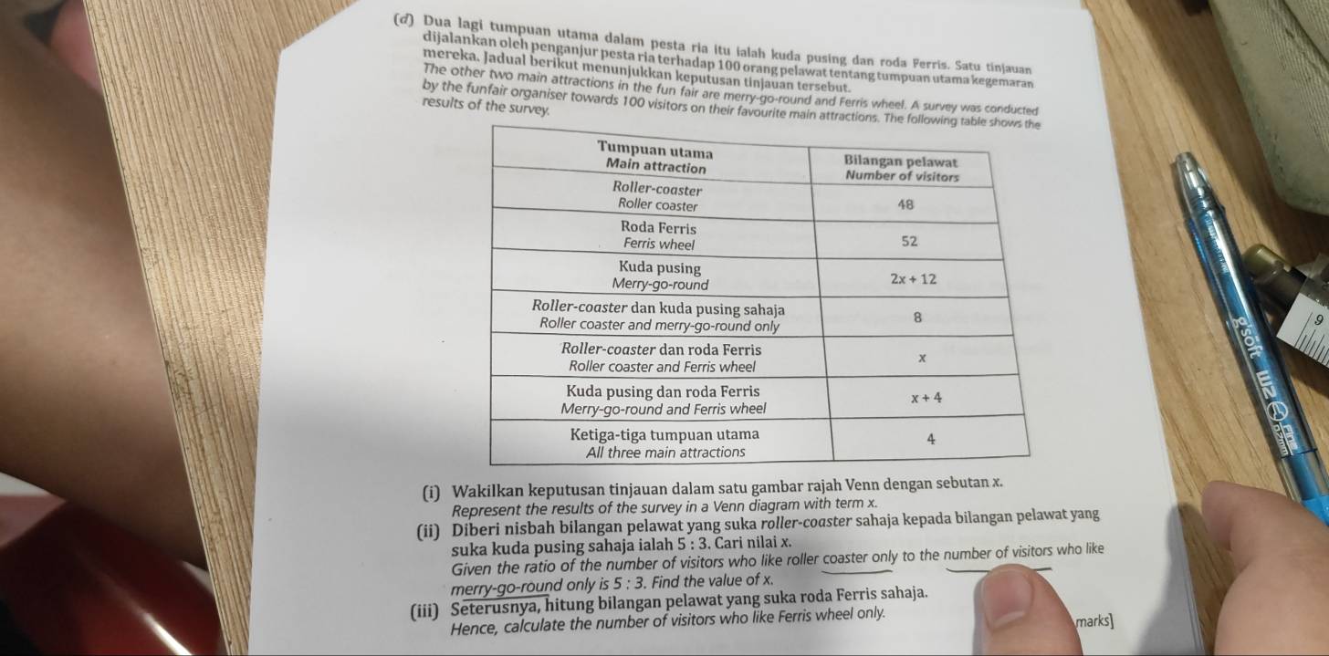 (♂) Dua lagi tumpuan utama dalam pesta ria itu ialah kuda pusing dan roda Ferris. Satu tinjauan
dijalankan olch penganjur pesta ria terhadap 100 orang pelawat tentang tumpuan utama kegemaran
mereka. Jadual berikut menunjukkan keputusan tinjauan tersebut.
The other two main attractions in the fun fair are merry-go-round and Ferris wheel. A survey was conducted
by the funfair organiser towards 100 visitors on their favourite main attra
results of the survey.
(i) Wakilkan keputusan tinjauan dalam satu gambar rajah Venn dengan sebutan x.
Represent the results of the survey in a Venn diagram with term x.
(ii) Diberi nisbah bilangan pelawat yang suka roller-coɑster sahaja kepada bilangan pelawat yang
suka kuda pusing sahaja ialah 5:3. Cari nilai x.
Given the ratio of the number of visitors who like roller coaster only to the number of visitors who like
merry-go-round only is5:3.. Find the value of x.
(iii) Seterusnya, hitung bilangan pelawat yang suka roda Ferris sahaja.
Hence, calculate the number of visitors who like Ferris wheel only. marks]