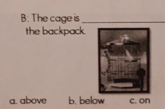 B: The cage is_
the backpack.
a. above b. below c. on